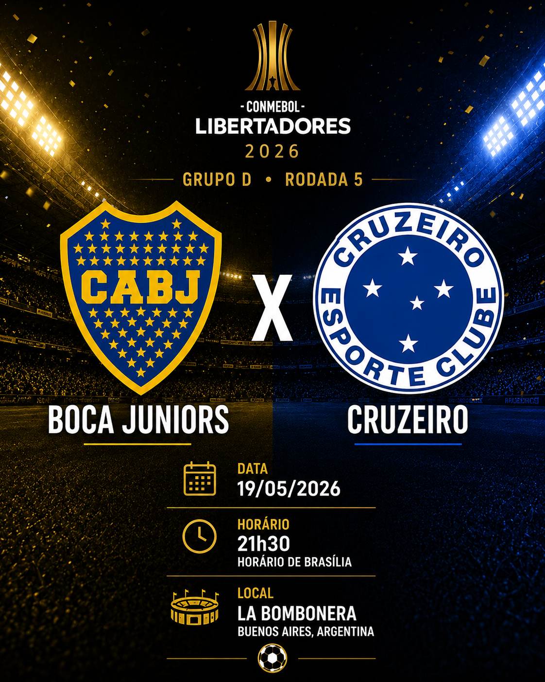 BOCA JUNIORS × CRUZEIRO: Under 2.5 Gols @1,85