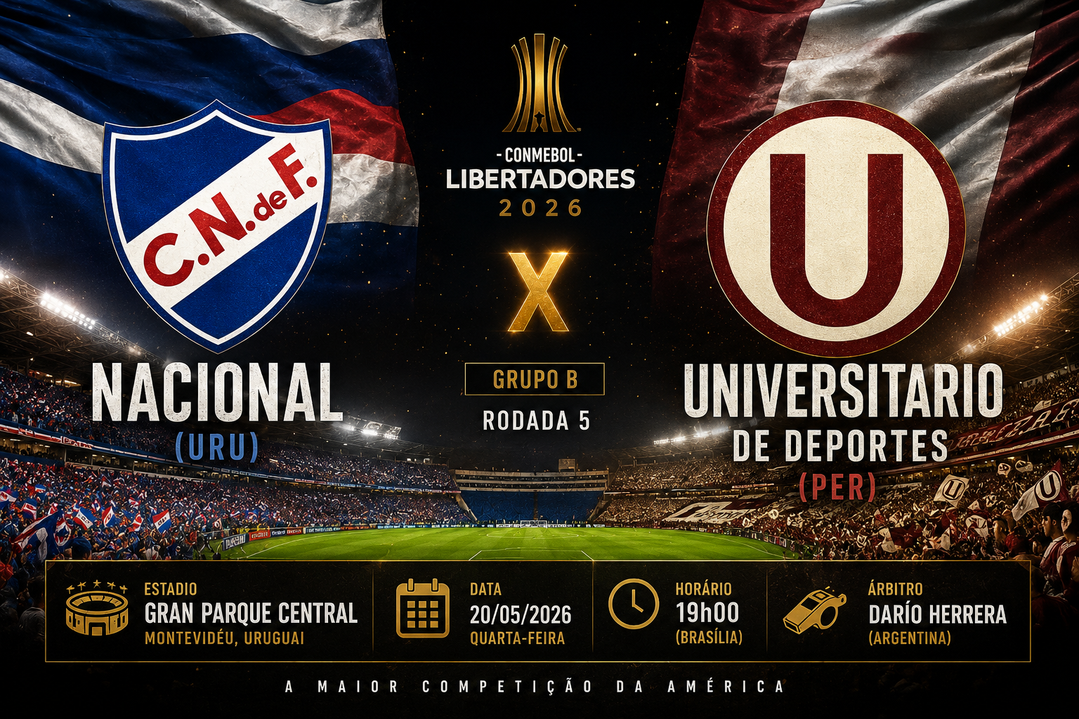 NACIONAL (URU) × UNIVERSITARIO DE DEPORTES (PER): Over 3,5 Gols @3,75