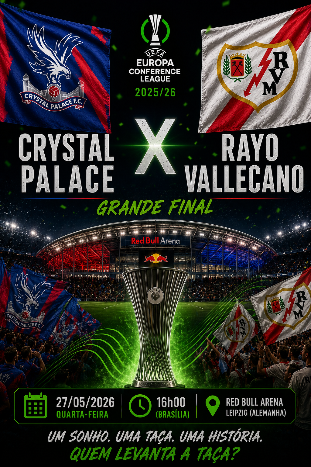 CRYSTAL PALACE × RAYO VALLECANO: Under 2,5 Gols @1,90