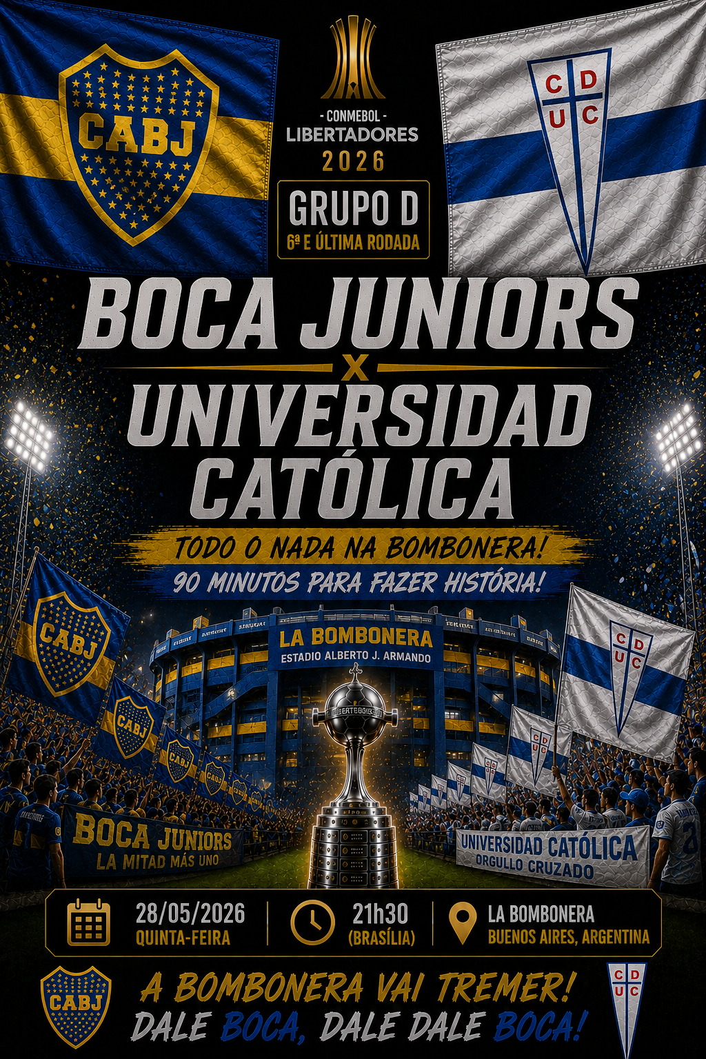BOCA JUNIORS × UNIVERSIDAD CATÓLICA: Cartões Over 4.5 @1,70