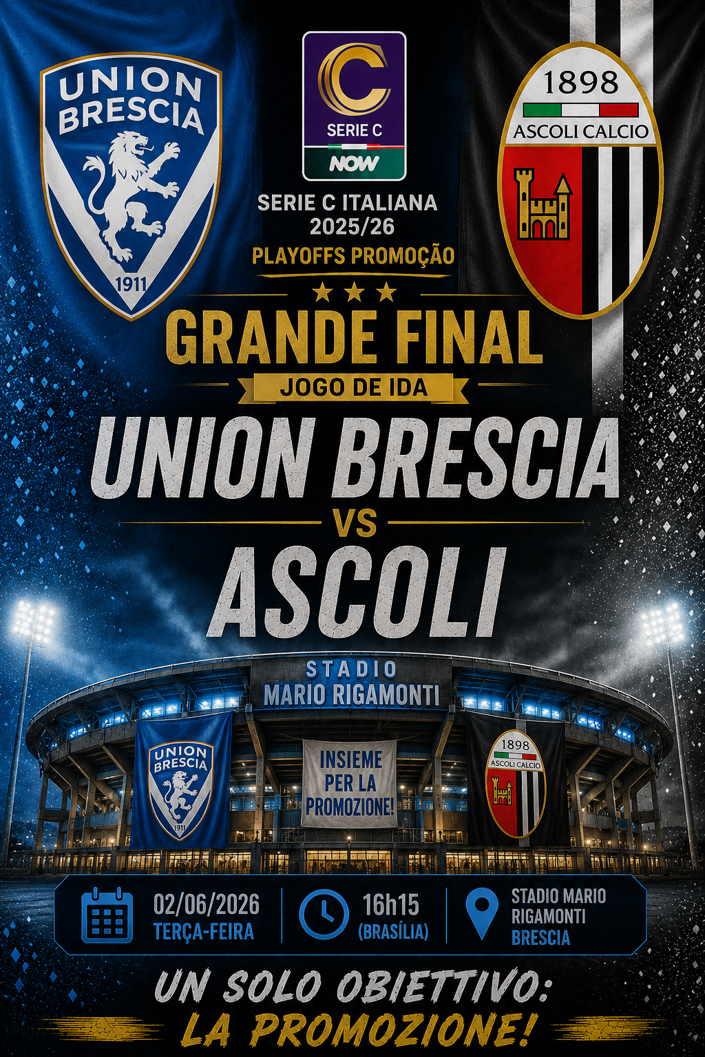 UNION BRESCIA × ASCOLI: Under 2.5 Gols @1,66